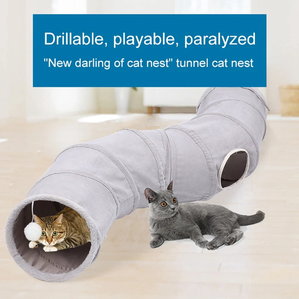 Cat Tunnels for Indoor Cats Collapsible Cat Toys Play Tube 3 Ways S Shape Cat Tunnel Grey Suede Pet Crinkle Tunnels with Ball