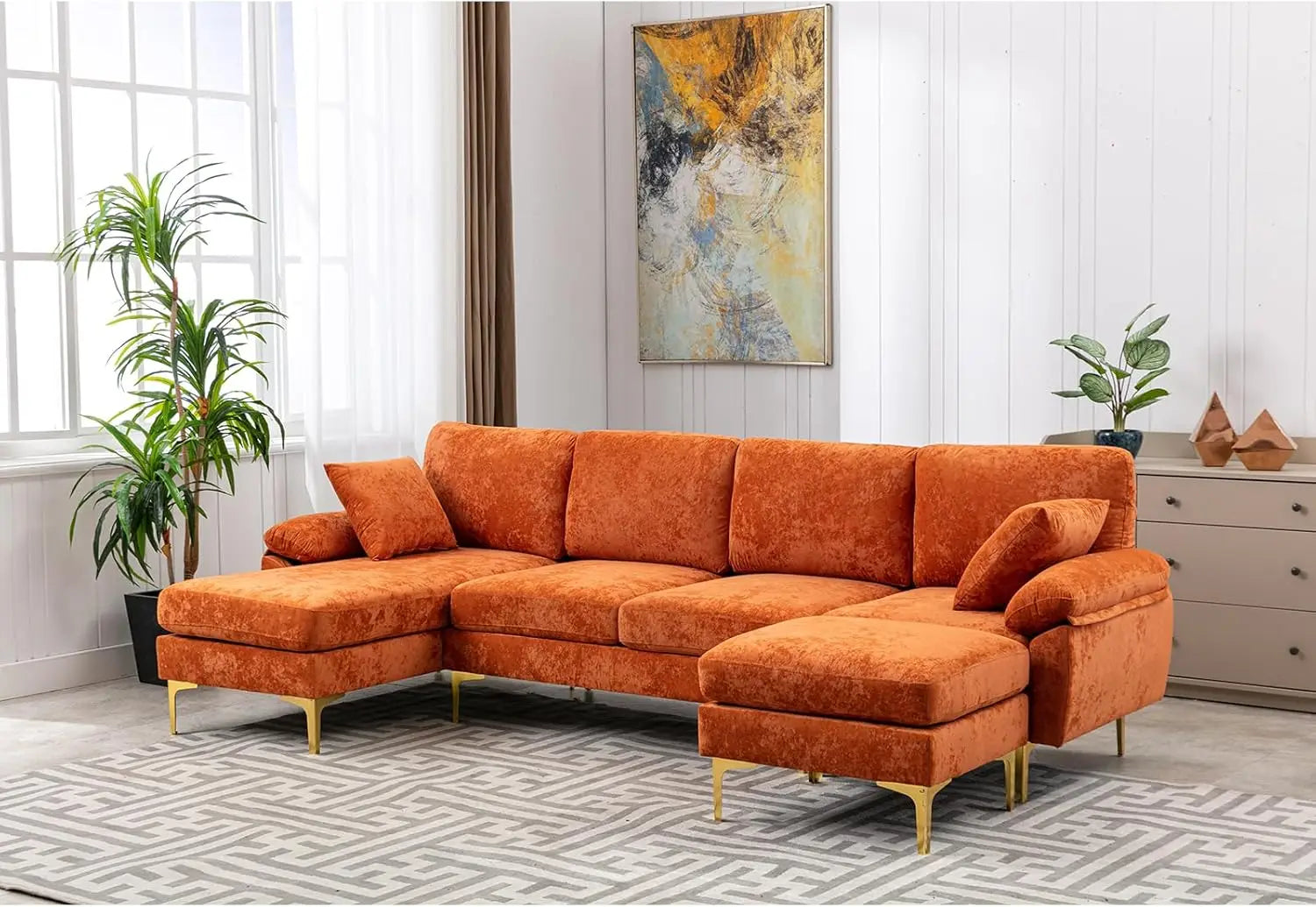 U-Shaped Sectional Sofa Couch, 4 Seat Sofa Set for Living Room, Convertible L-Shaped Velvet Couch Set with Chaise Lounge