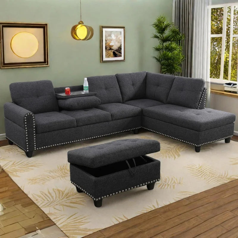 L Shaped Sofa with Ottoman Modern Nail-Head Design Linen Facing Sectional Couches with Cup Holder for Living Room etc.