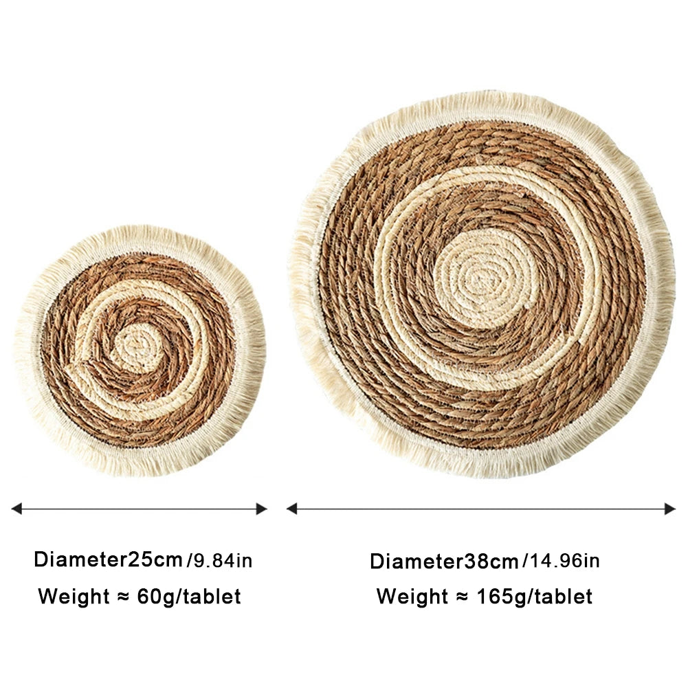 25/38cm Round Placemats Natural Wicker Woven Tassels Placemat Plate Water Straw Braided Tablemats Rattan Weave Dining Table Mat