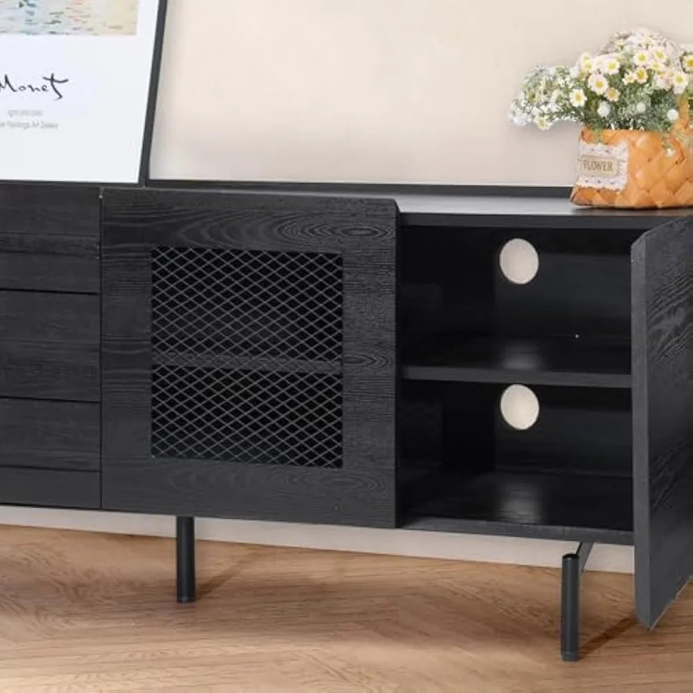 63” Minimalist TV Stand, Full-Assembled Black TV Console, Modern Solid Wood Media Console