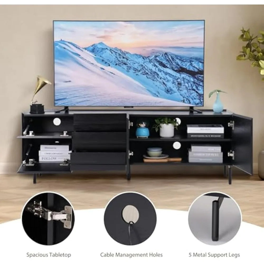 63” Minimalist TV Stand, Full-Assembled Black TV Console, Modern Solid Wood Media Console