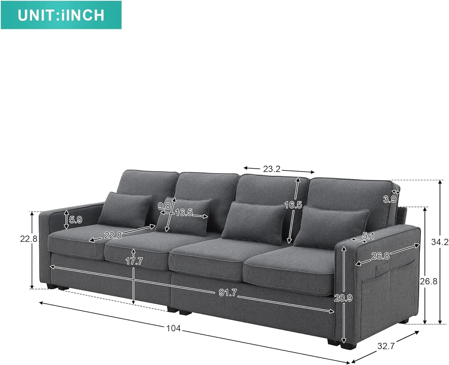 Linen Fabric Sofa with Armrest Pockets and 4 Pillows, Minimalist Style 4-Seater Couch for Living Room, Apartment