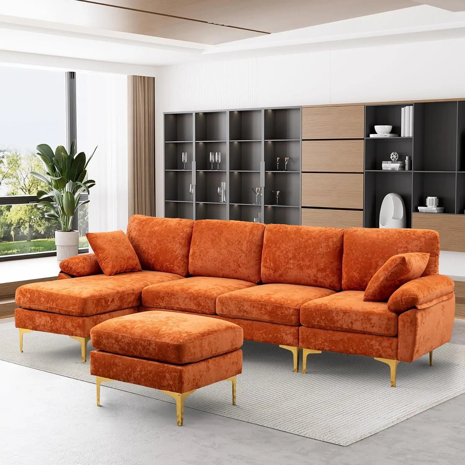 U-Shaped Sectional Sofa Couch, 4 Seat Sofa Set for Living Room, Convertible L-Shaped Velvet Couch Set with Chaise Lounge