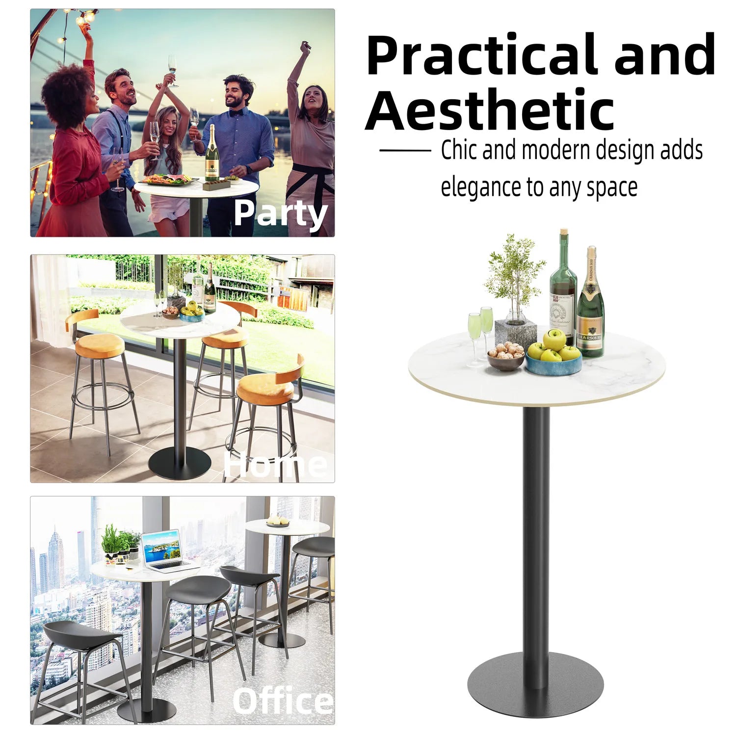 28"x40" Round Cocktail Bar Table with Metal Base, Tall Bistro Pub Table, Sintered Stone Top Table for Kitchen, Dining Room