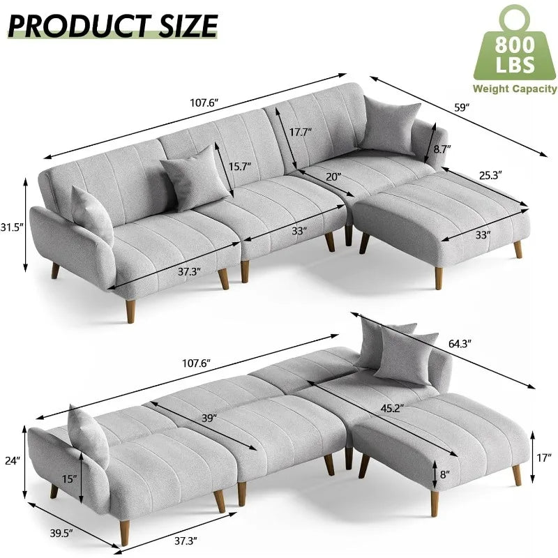 Convertible 107.6" Sectional Sofa Couch W/Removable Ottoman, L-Shaped Sectional Couch for Living Room, Corner Sectional Sofa