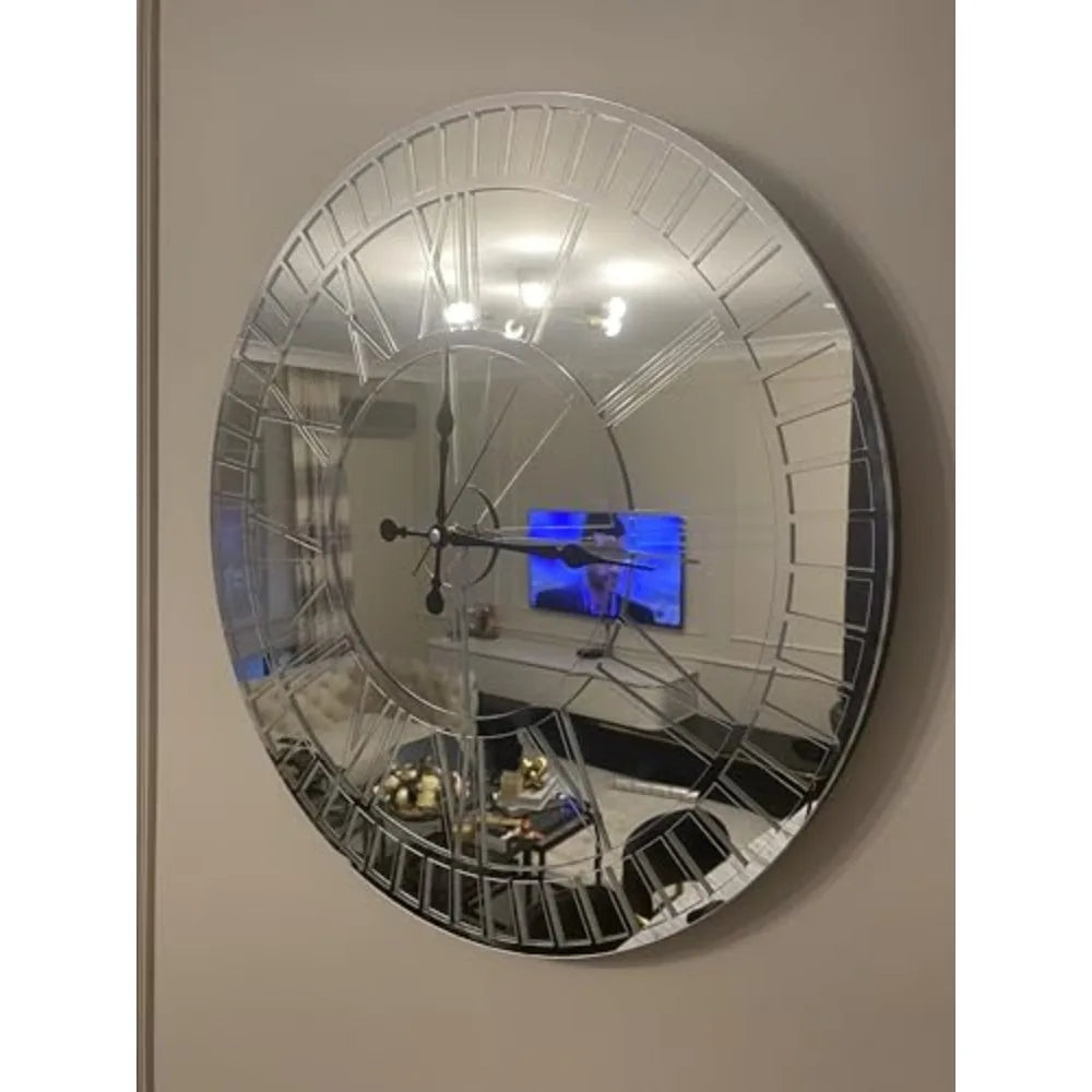 Mirror Wall Clock Real Silver Mirror Wall Clock,Modern Clocks for Wall, Big Clock Silent Non Ticking,Home Decor