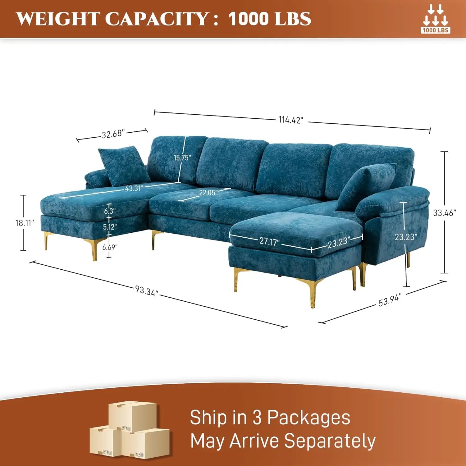 U-Shaped Sectional Sofa Couch, 4 Seat Sofa Set for Living Room, Convertible L-Shaped Velvet Couch Set with Chaise Lounge