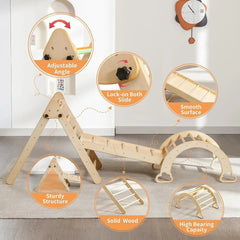 5 in 1 Pikler Triangle Set Wooden Montessori Climbing Set Inside Foldable with Ladder Ramp Arch Rocker and Slide Climbing Toys