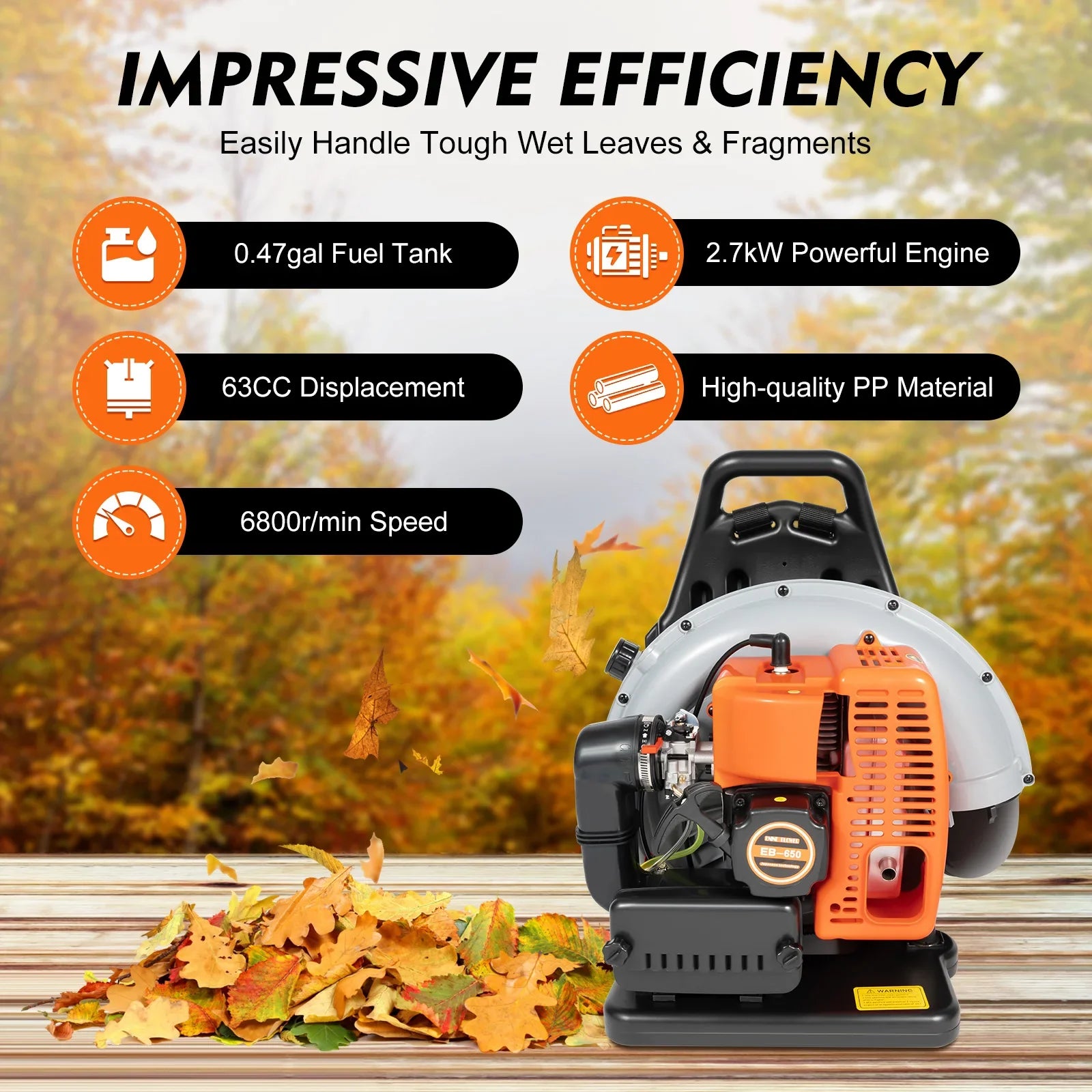 65CC Backpack Leaf Blower Gas Powered 3.6HP 2-Stroke Backpack Blower Gas Blower Air-Cooled Lawn Blower Gasoline Powered