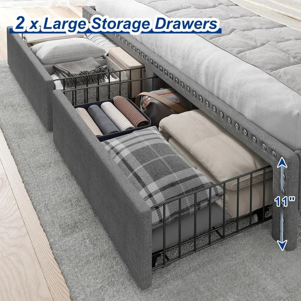 King Size Bed Frame with Storage and Headboard,Upholstered King Bed Frame with Storage & 2 Drawers,NO Noise,No Box Spring Needed