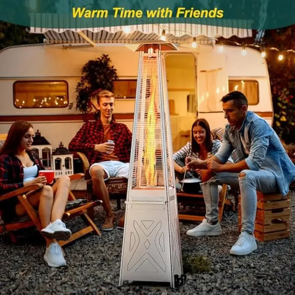 Outdoor Pyramid Patio Heater 48000 Btu Propane Heater Glass Tube Flame Safety Cover Wheels