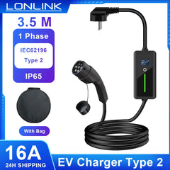 LONLINK Ev charger Type 2 charger 3.5M EV Electric Car Charger 16A 3.5 KW EU Plug Charger 80V-260V Electrical car devices type 2