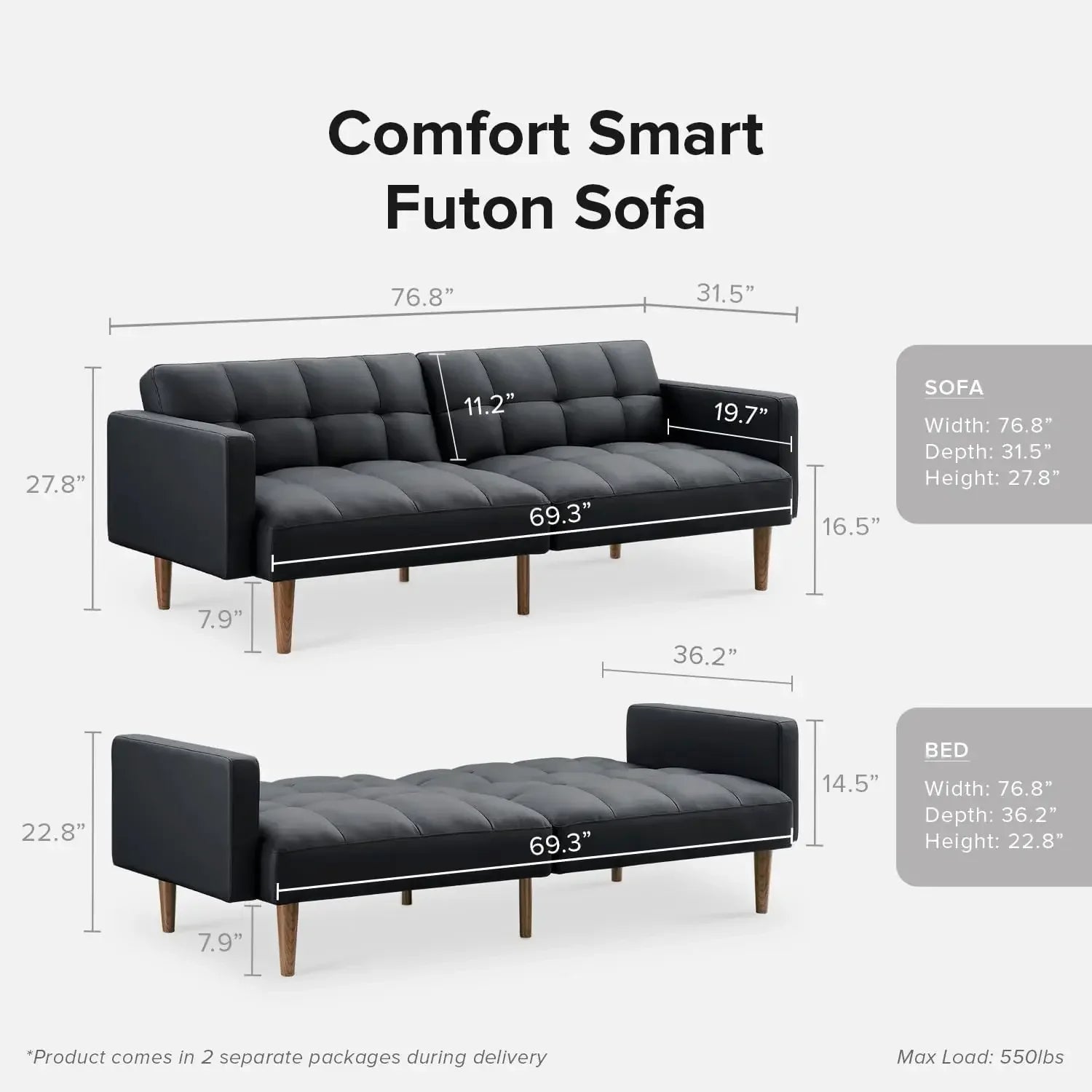 Colors Sleeper Sofa Bed Loveseat MidCentury Modern Futon Couch Sofa Faux Leather/Fabric Living Room Bedroom 31.5"Dx76.8"Wx27.8"H