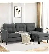 L Shaped Sofa with Ottoman Modern Nail-Head Design Linen Facing Sectional Couches with Cup Holder for Living Room etc.