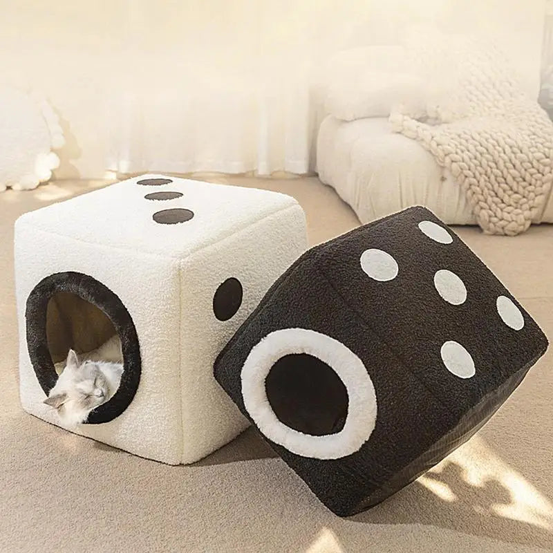 Winter Warm Cat Bed Dice Shape Foldable Cat House Cozy Kitten Lounger Cushion Soft Comfort Pet Deep Sleep Bed Pet Tent Cave Nest