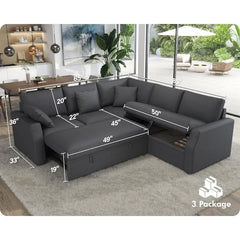 VanAcc Sofa Bed, 85 Inch Sleeper Couch with Storage Seat, L Shaped Sofa with Pull Out Sofa Bed, Sectional Couches