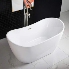 59"Freestanding White Acylic Soaking Bathtub with Brushed Overflow Easy clean, easy maintenance 59"L x 28.75"W x 27.5"H