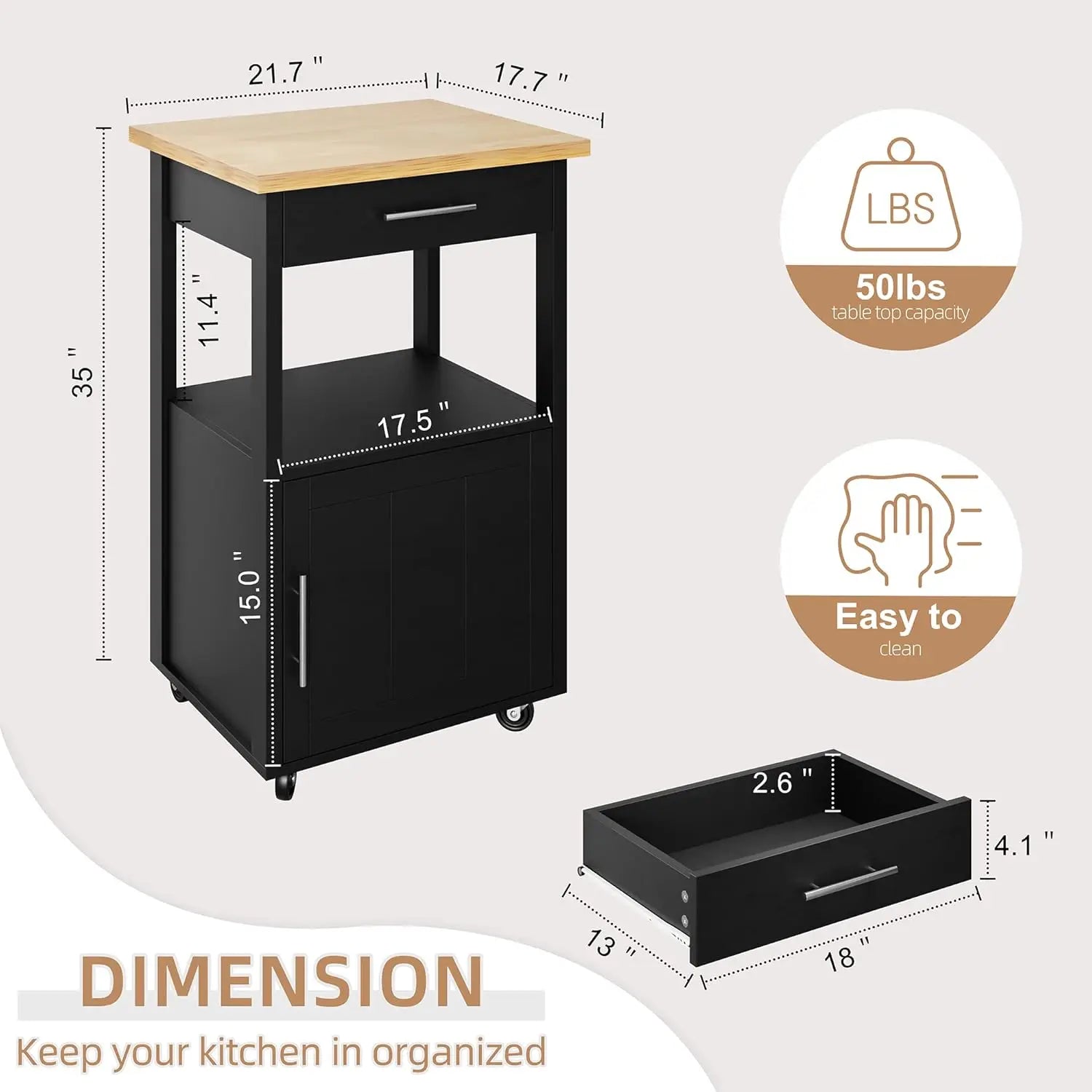 Kitchen Island Cart with Storage,Rolling Kitchen Island Side Table on Wheels with Worktop,Single Door Storage Cabinet and Drawer