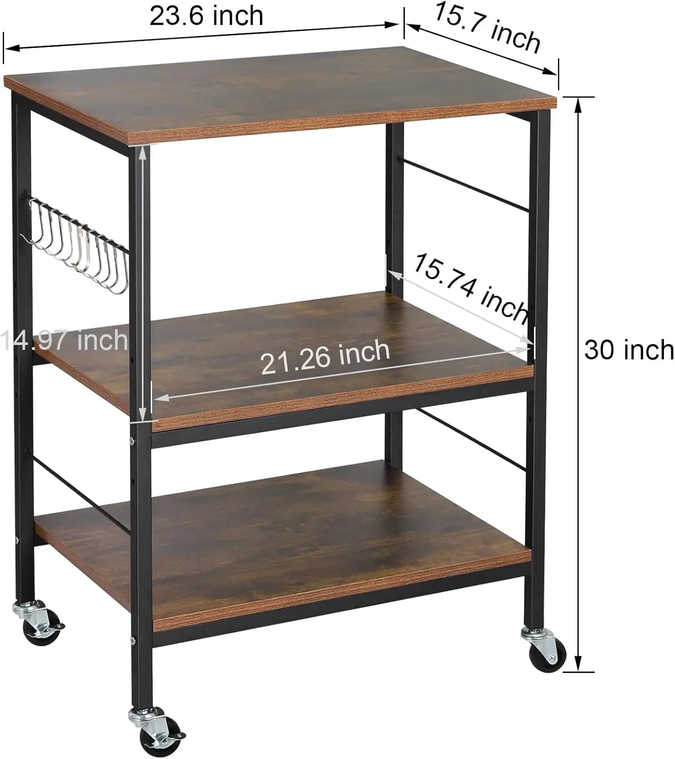 Microwave oven rack, 3-layer kitchen cart with small pastry rack stored on wheels and 10 hooks, coffee bar cart