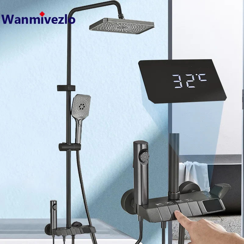 GREY Smart Digital Display Shower Faucet Set Piano Style Rainlfall Bathroom System Grey Digital Mixer Tap Bidet Shower