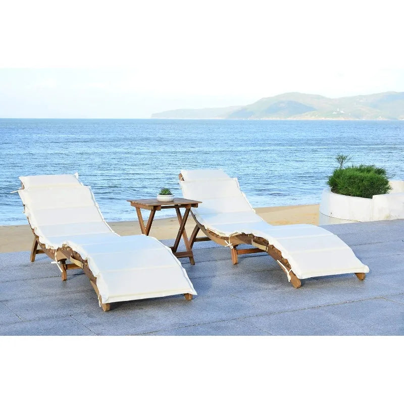 Outdoor Collection Natural Brown Solid Wood/Beige Cushion 3-Piece Chaise Lounge Set with Table  outdoor furniture