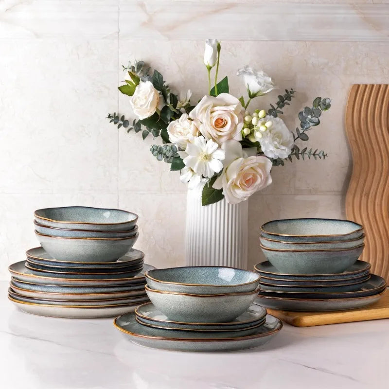 Ceramic Dinnerware Sets,Handmade Reactive Glaze Plates and Bowls Set,Highly Chip and Crack Resistant