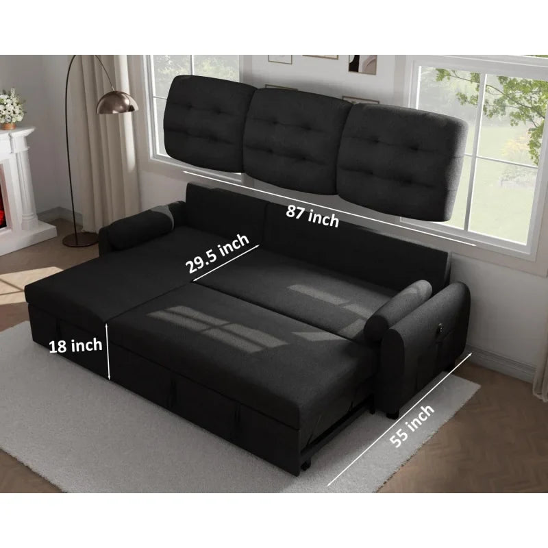 Sectional Sofa Couch,87" Sleeper Sofa Bed with Reversible Storage Chaise Pull Out Couch for Living Room| Side Pocket| Charging S