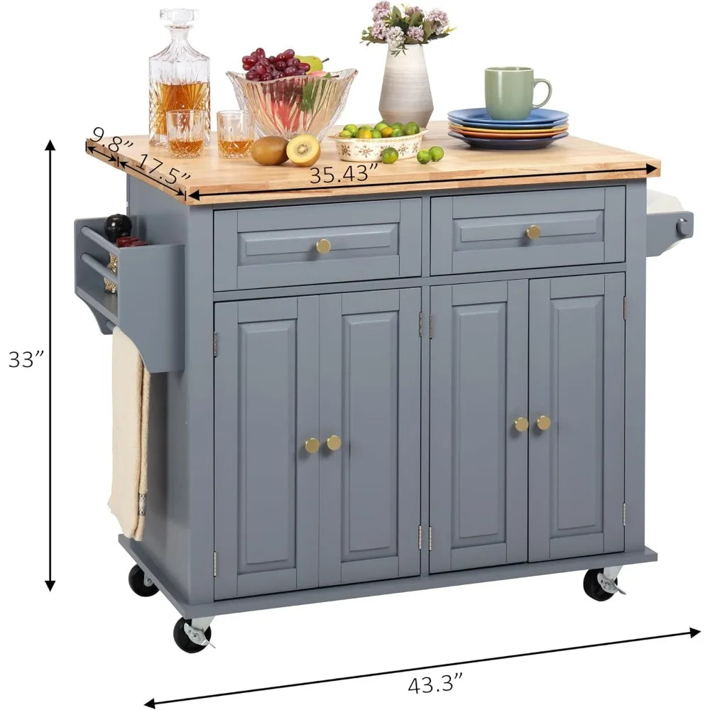 Rolling Kitchen Island ,Thicken Rubberwood Top, Spice Rack,Towel Rack, Drawer,43.3" Portable Mobile Kitchen Island Carts Table