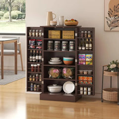 Cabinets47Pantry CabinetKitchen Pantry Storage Cabinet with Doors&Adjustable ShelvesBrown FreestandingBuffet Cupboards Sideboard