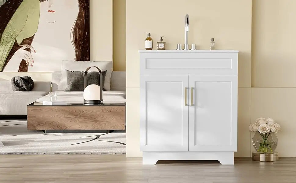 Bathroom Vanity with Ceramic Sink, 30" Freestanding Bathroom Cabinet Vanity with Storage, Quick Assembly Bathroom Vanity