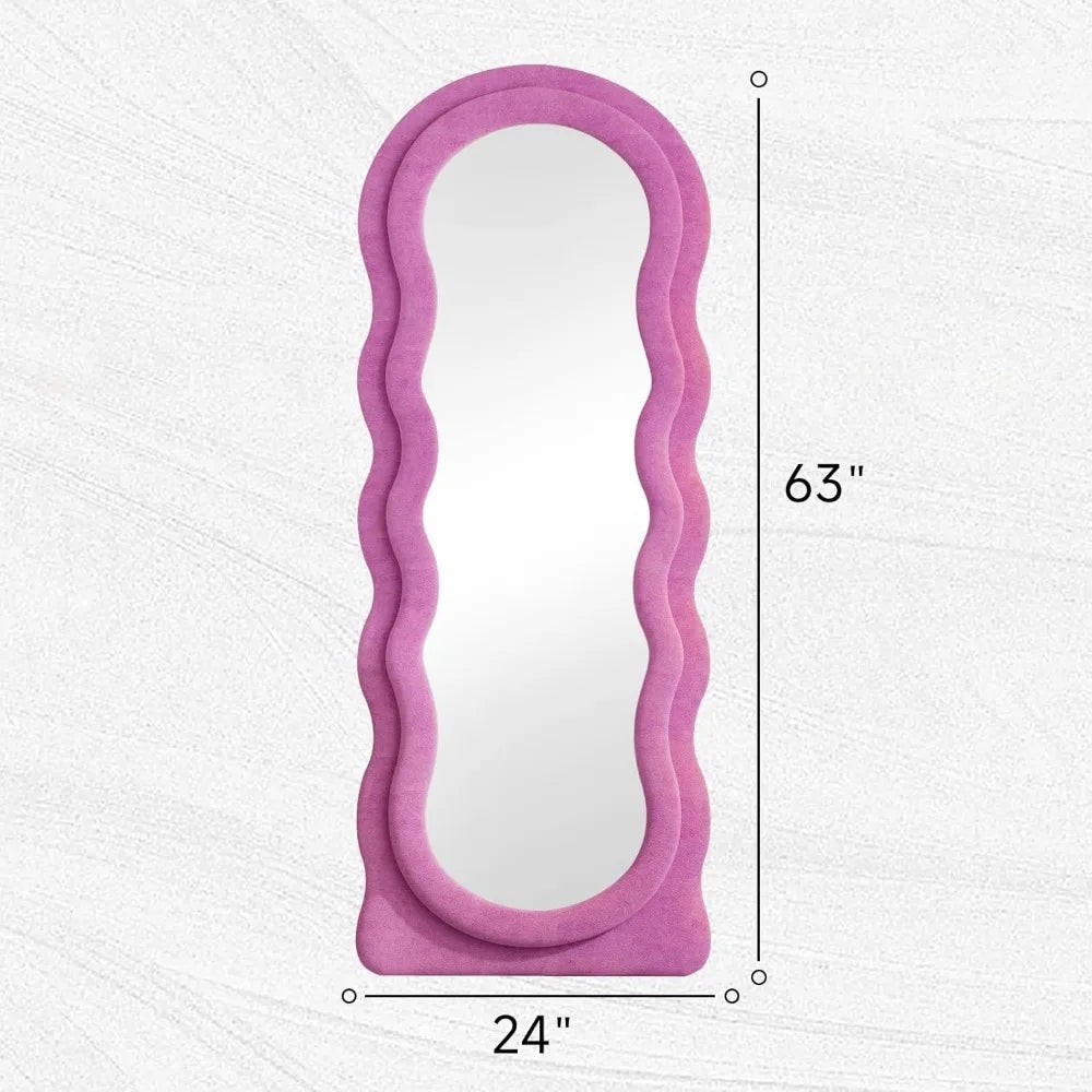 Wavy Mirror Full Length, 63"x24" Irregular Wave Floor Mirror, Full Length Wall Mirror with Flannel Frame(Pink) Home Decor