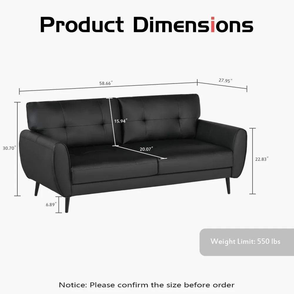 Sofa Couch, 60" Loveseat Sofa for Living Room, Mid Century Mini Black Couch, Tufted Leather Love Seat Furniture,Living Room Sofa