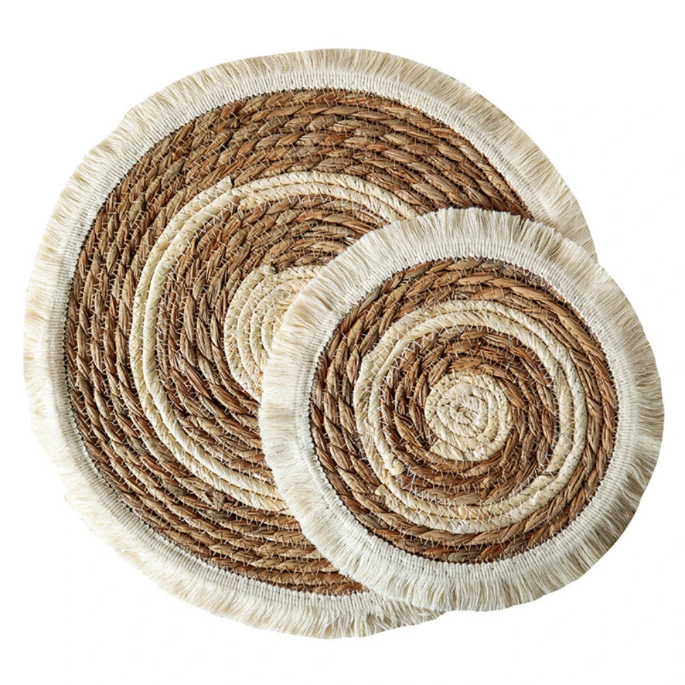 25/38cm Round Placemats Natural Wicker Woven Tassels Placemat Plate Water Straw Braided Tablemats Rattan Weave Dining Table Mat