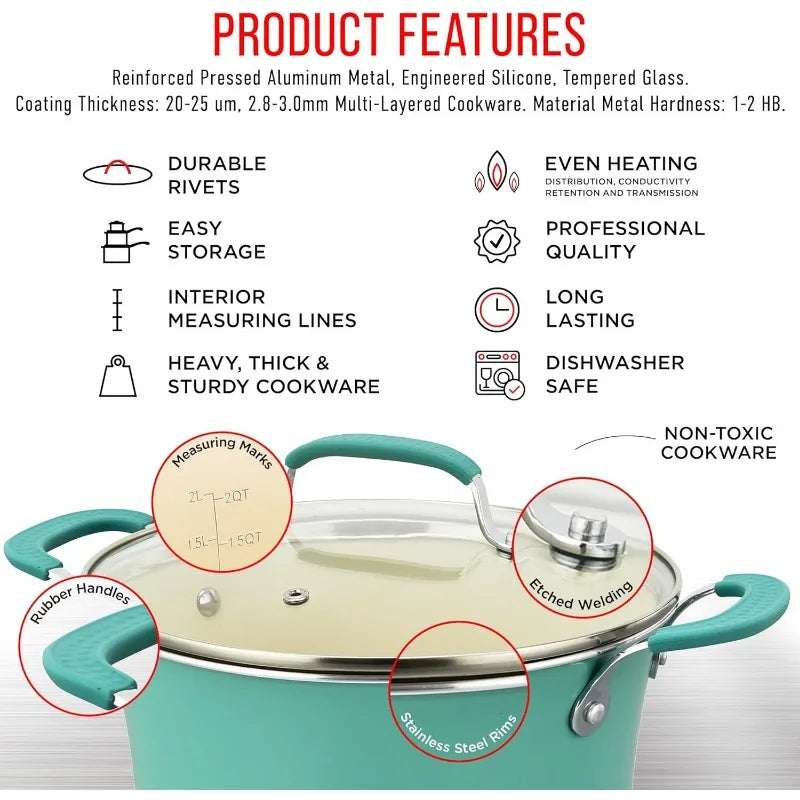 Cookware Set – 23 Piece–Green Multi-Sized Cooking Pots with Lids,Skillet Fry Pans and Bakeware–Reinforced Pressed Aluminum Metal