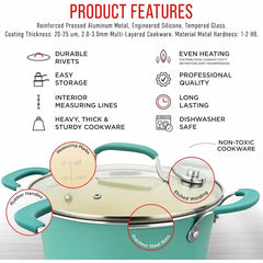 Cookware Set – 23 Piece–Green Multi-Sized Cooking Pots with Lids,Skillet Fry Pans and Bakeware–Reinforced Pressed Aluminum Metal