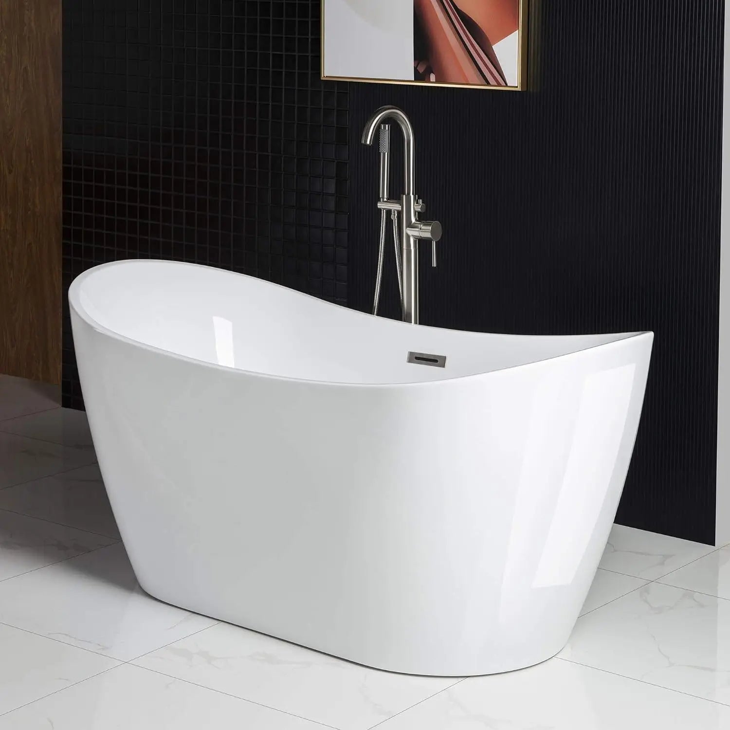 59"Freestanding White Acylic Soaking Bathtub with Brushed Overflow Easy clean, easy maintenance 59"L x 28.75"W x 27.5"H