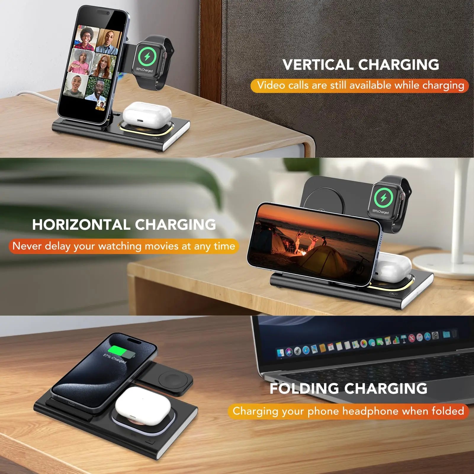 Wireless Charger Station, 4 in 1 Foldable 15W Fast Charging Wireless Charging Station with Night Light for iPhone iPods iWatch