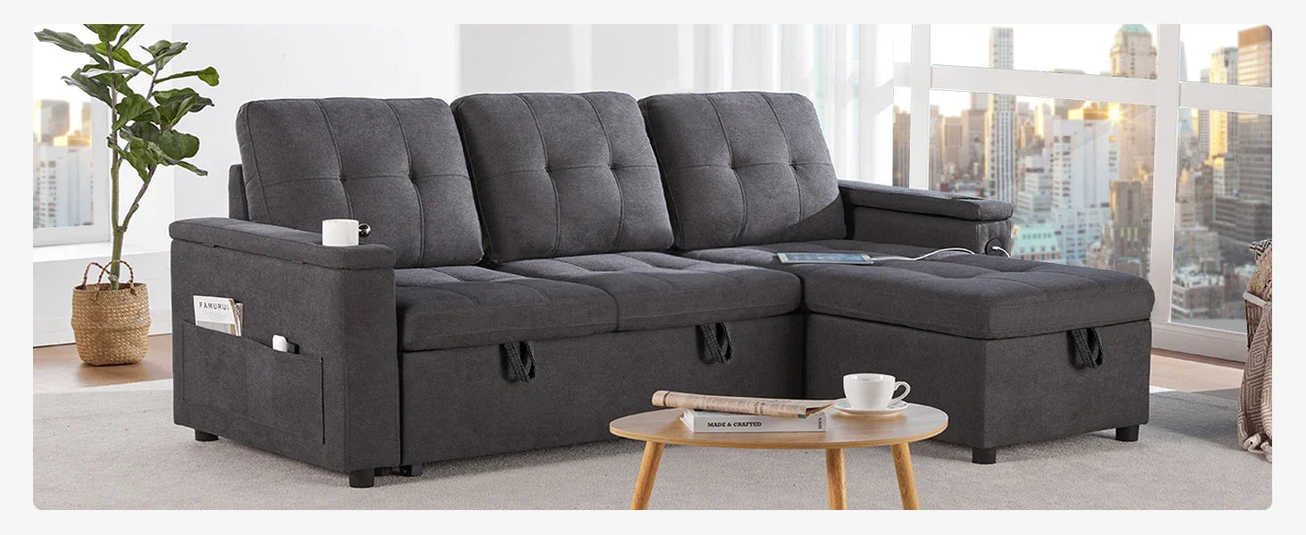 Sofa Bed, Sleeper Sofa with USB Charging Ports, L-Shaped Couch with Storage, Pull Out Couch for Living Room, Grey Linen