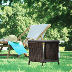 Outdoor Patio Side Table Set of 2 Small Brown Wicker Rattan End Table for Outside Storage Coffee Table with Poly LumberTableTop