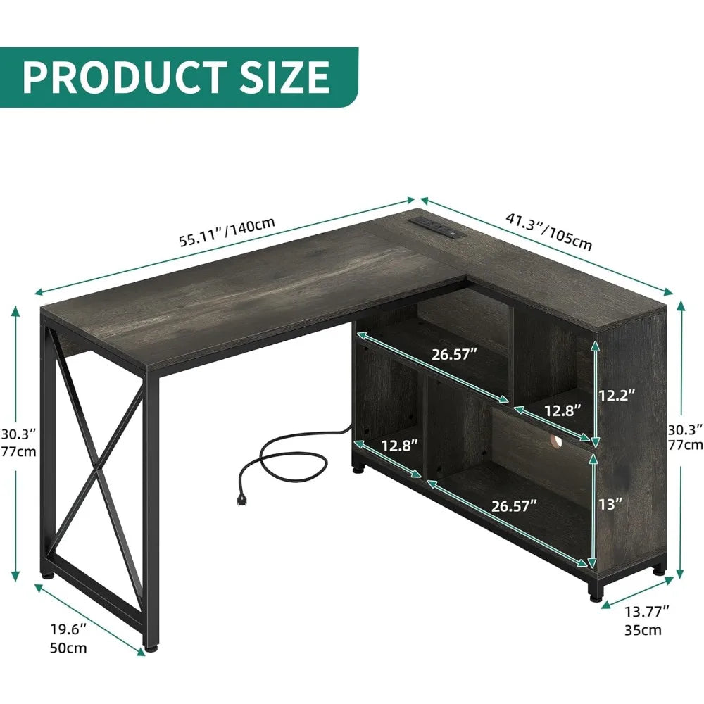 L Shaped Desk with Storage Shelves,55" Reversible Computer Desk with Power Outlets&LED Lights,for Home Office Small Space, White