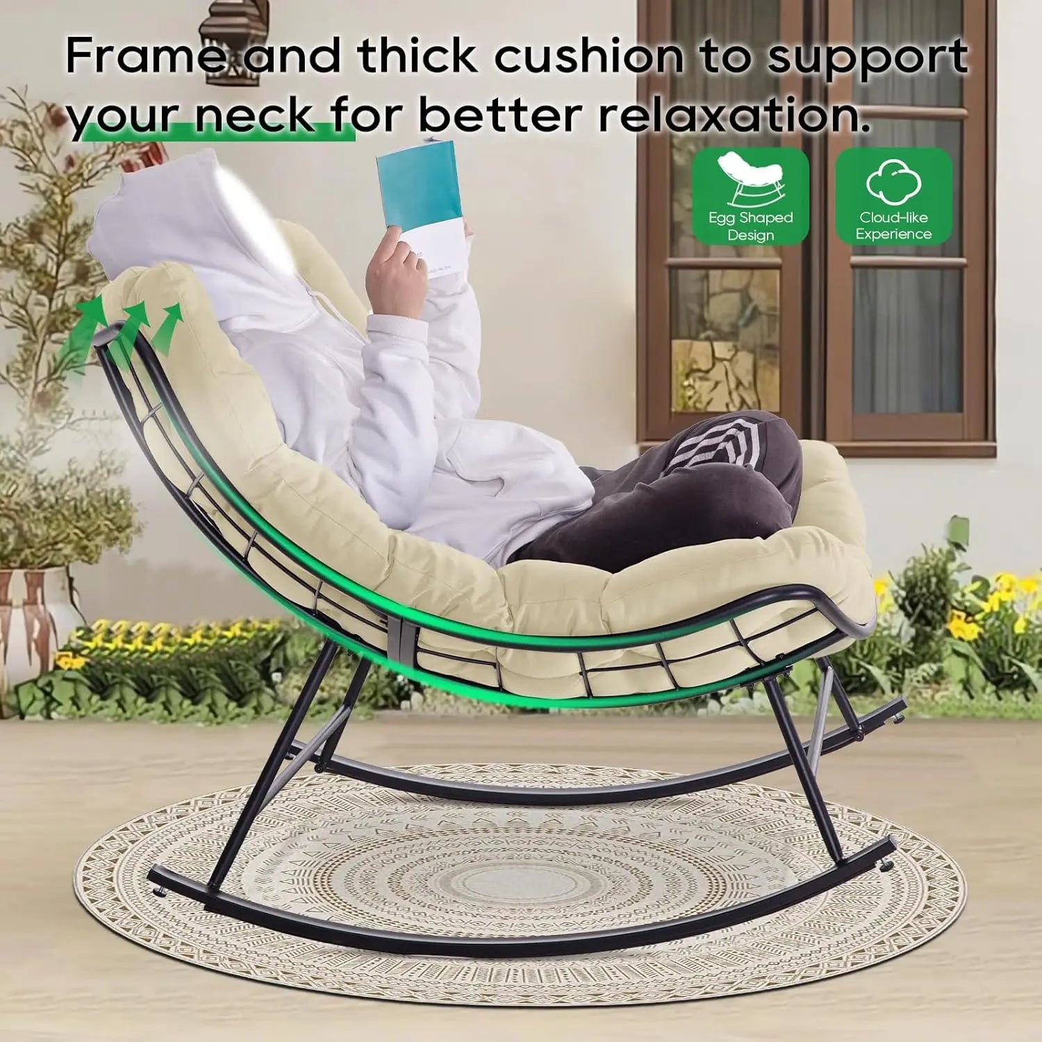 Patio Rocking Papasan Chair, Outdoor & Indoor Egg Reading Chair, Oversized Royal Comfy Cozy Lounge Rocker Recliner with