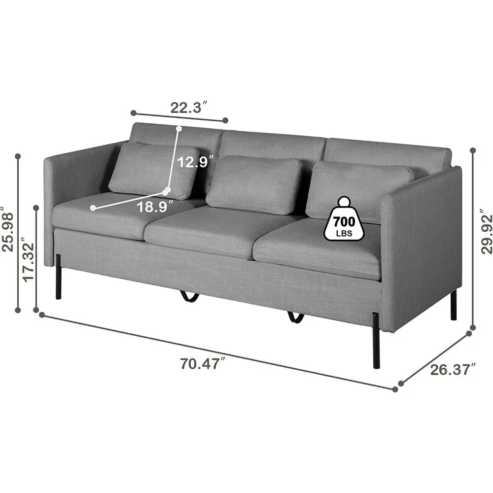 Inch Sofa Couch, 3 Seater Couches for Living Room, Comfy Sofas w/3 Pillows and Iron Legs, Fabric Sofa for Small Spaces