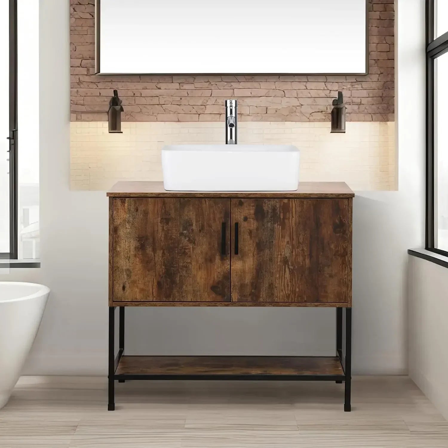 36" Bathroom Vanity,Industrial Iron Frame Bathroom Cabinet Set with Doors & Shelf,with Modern Artistic Ceramic Vessel Sink Combo