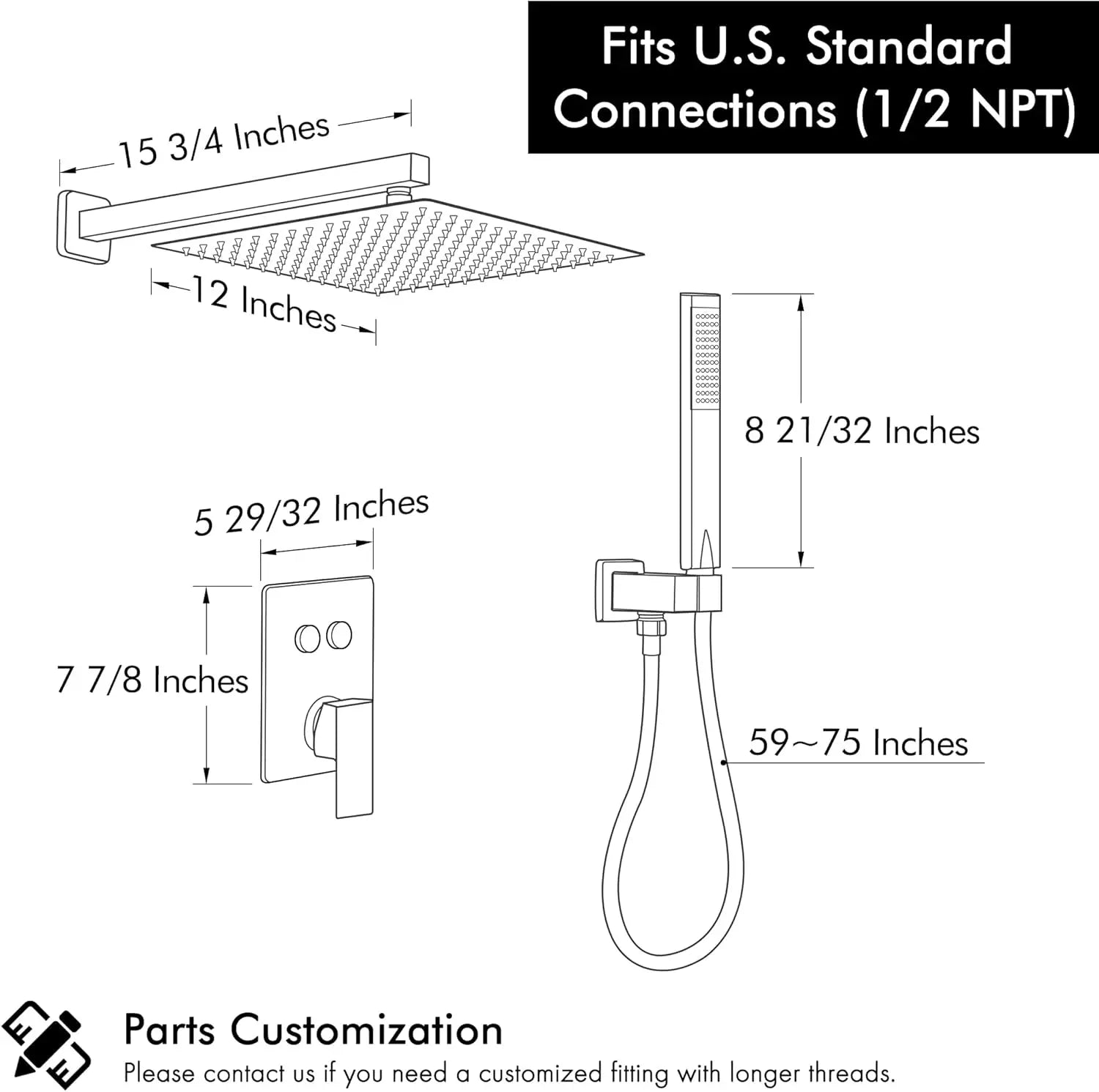 Shower Faucet Set with Push-Button Diverter, 12-Inch Rain Shower Head with Handheld Spray, Matte Black Shower System