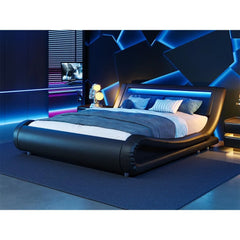 Modern Queen Bed Frame with RGBW LED Lights Headboard, Low Profile Upholstered Platform Sleigh Design, Strong Wood Slats Support