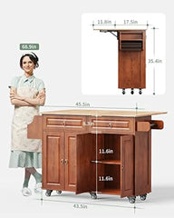 Kitchen Island with Drop Leaf and Storage, on Wheels Two Drawers, Large Storage Cabinet, Towel Rack Spice Cart Brown