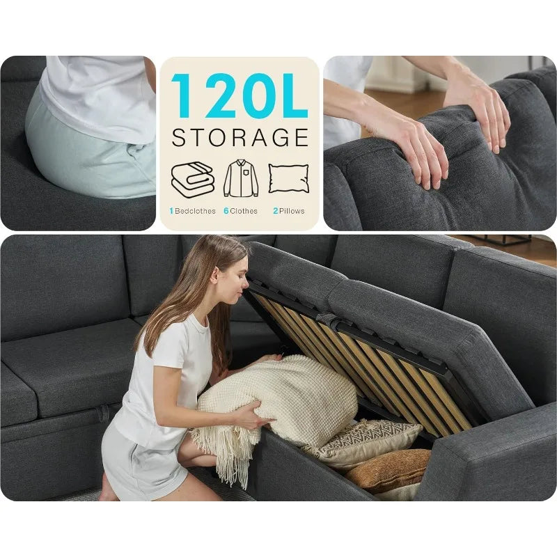 VanAcc Sofa Bed, 85 Inch Sleeper Couch with Storage Seat, L Shaped Sofa with Pull Out Sofa Bed, Sectional Couches