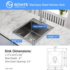 ROVATE 15 x 17 inch Drop in Bar Sink Black Nano Kitchen Sink Overmount Handmade Single Bowl T-304 Stainless Steel Bar Prep Sink