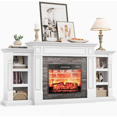 70" Electric Fireplace with Mantel, Fireplace TV Stand for TVs Up to 80 Inch, Farmhouse Entertainment Center with Storage